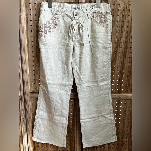 GUC Miss Me Jeans Cream 100% Linen Embroidered Drawstring Wide Leg Size Medium - Picture 6 of 9